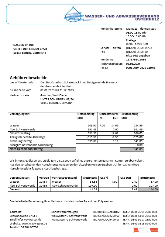 Germany Wavwasser business utility bill template in Word and PDF formats